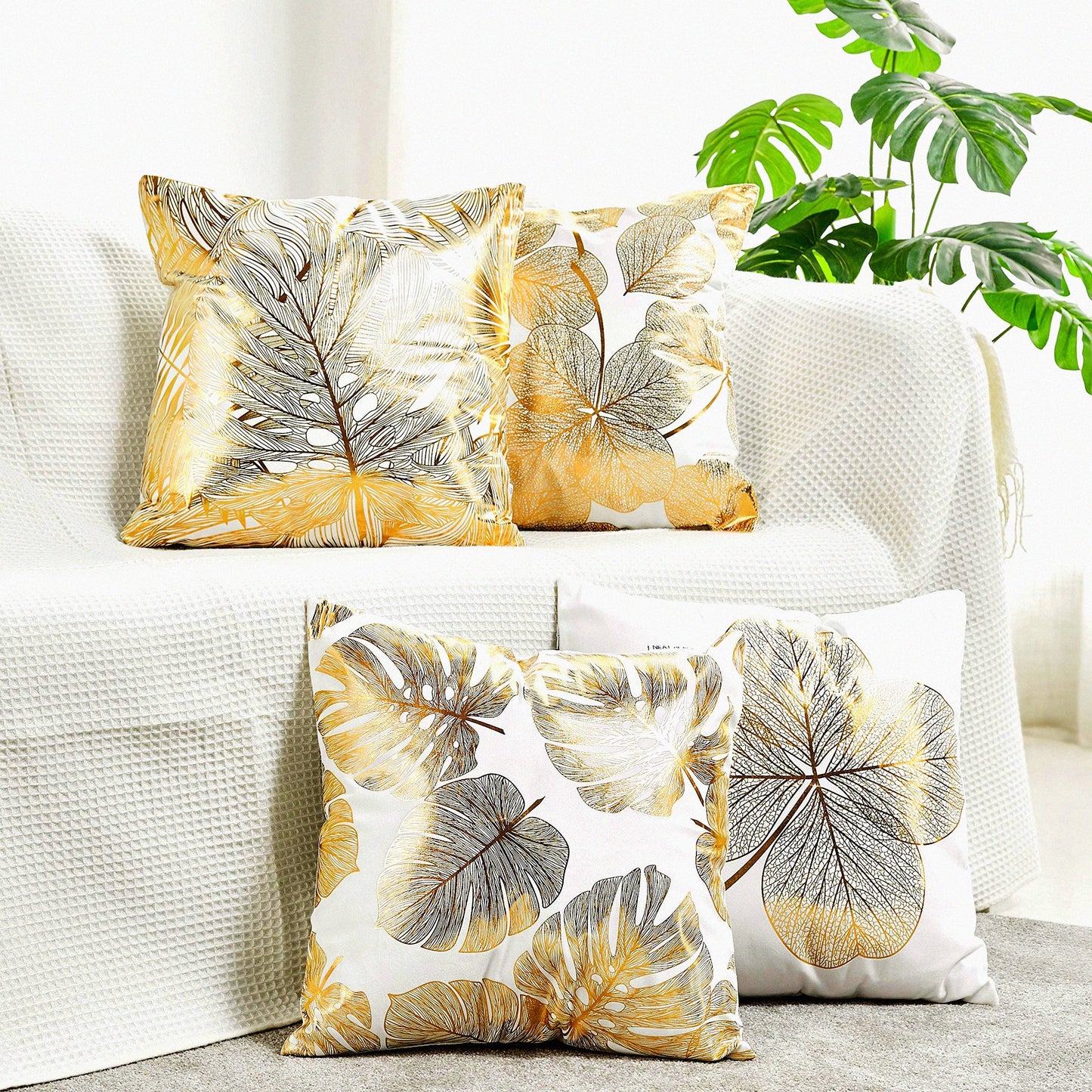 Gold Leaf Impressions Pillow Covers - Set of 4 | Decorative Cushion Cases for Couch, Bedroom, Car | 18x18 inches | Stamping Design