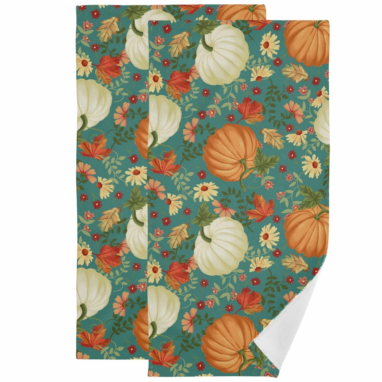 Pumpkins Teal Sunflowers Hand Towels Set of 2 16x30 in