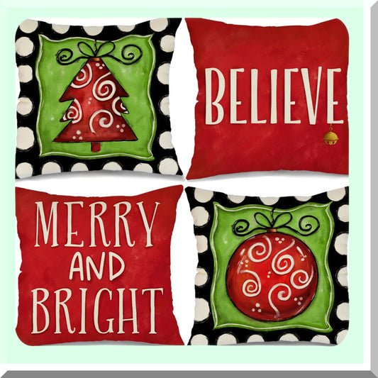 Winter Wonderland Pillow Covers - Set of 4 Merry and Bright Believe Tree Pillows, 16x16 Farmhouse Decor for Couch, Holiday Throw Pillows