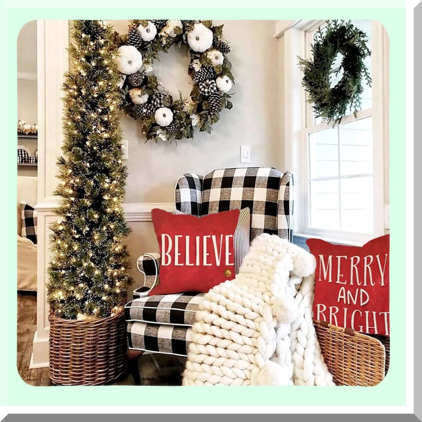 Winter Wonderland Pillow Covers - Set of 4 Merry and Bright Believe Tree Pillows, 16x16 Farmhouse Decor for Couch, Holiday Throw Pillows