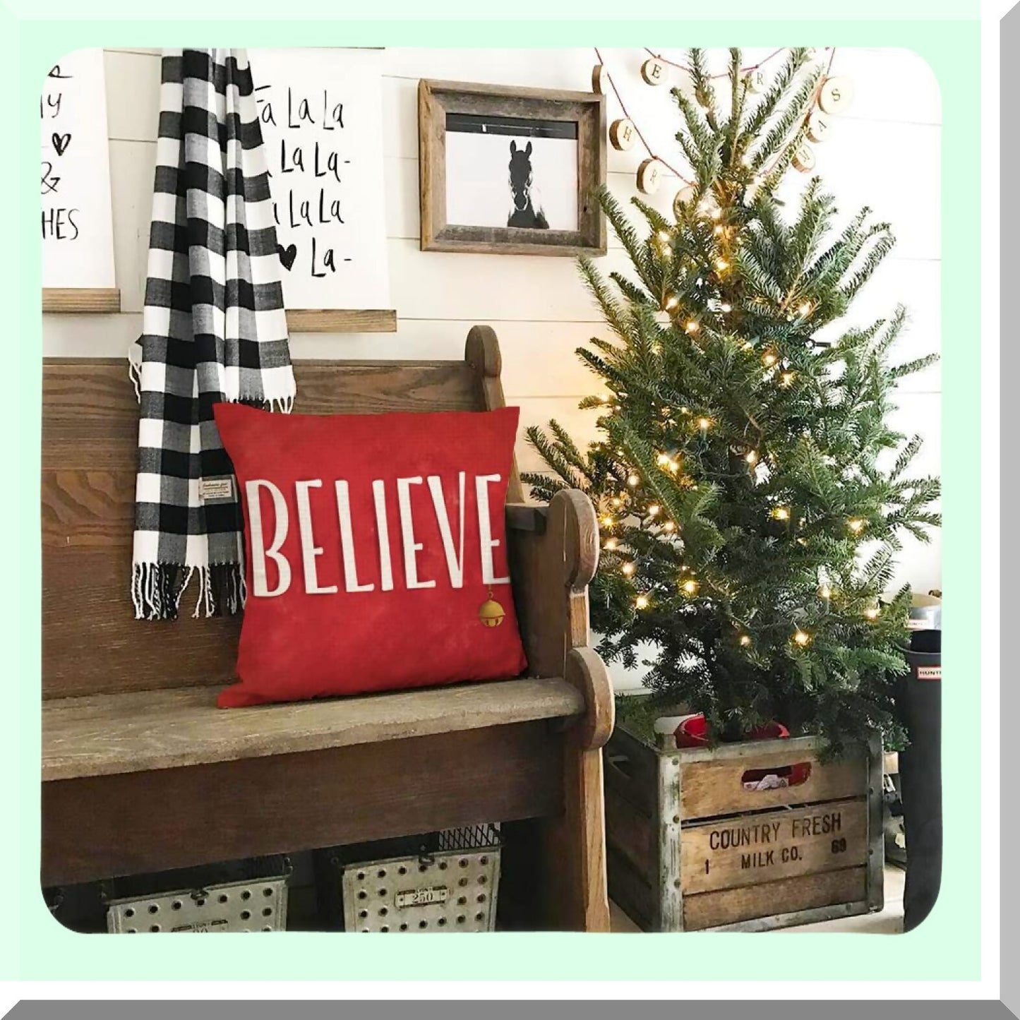 Winter Wonderland Pillow Covers - Set of 4 Merry and Bright Believe Tree Pillows, 16x16 Farmhouse Decor for Couch, Holiday Throw Pillows