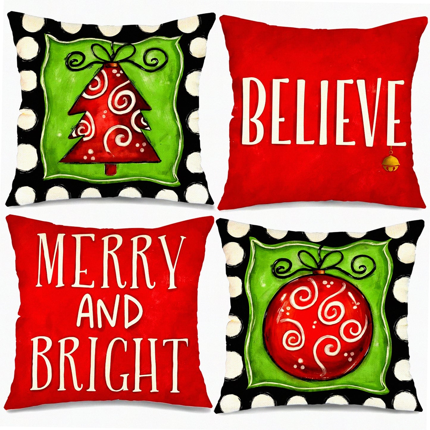 Winter Wonderland Pillow Covers - Set of 4 Merry and Bright Believe Tree Pillows, 16x16 Farmhouse Decor for Couch, Holiday Throw Pillows
