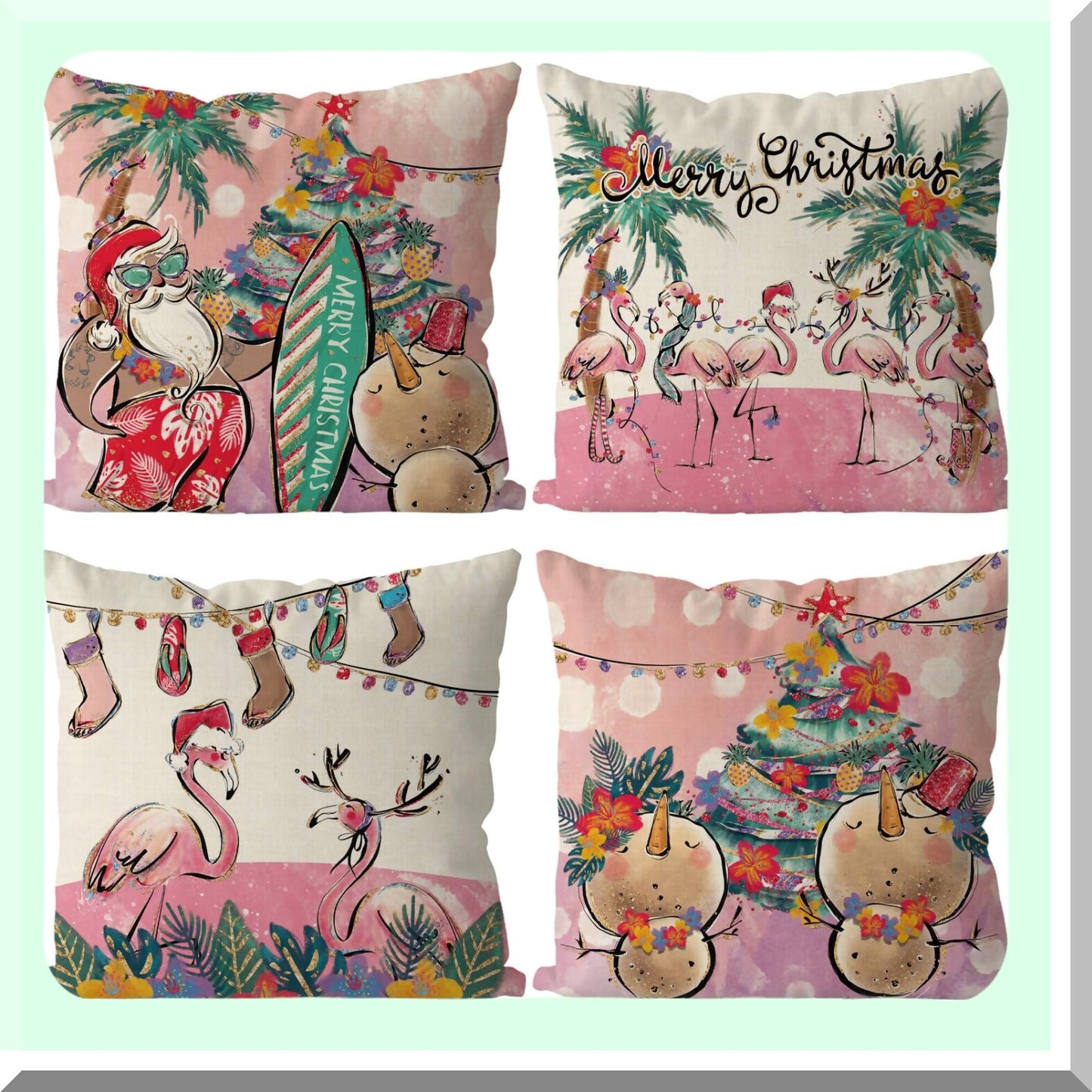 Winter Wonderland Pink Snowman Pillow Covers - Set of 4 18x18 Inch Hawaiian Xmas Throw Pillowcases for Home Decor. Perfect for Living Room, Sofa, Couch.
