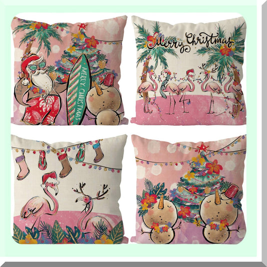 Winter Wonderland Pink Snowman Pillow Covers - Set of 4 18x18 Inch Hawaiian Xmas Throw Pillowcases for Home Decor. Perfect for Living Room, Sofa, Couch.
