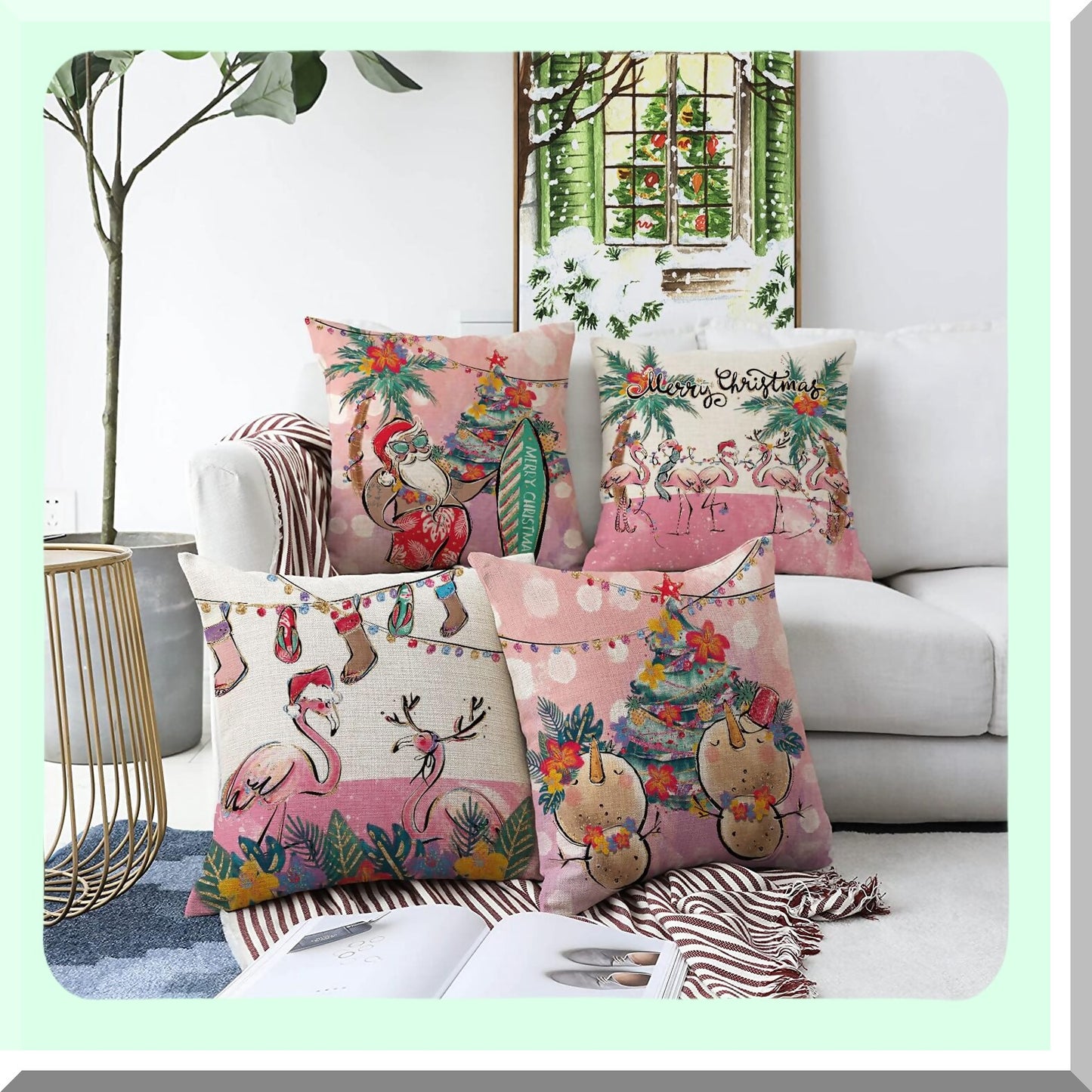 Winter Wonderland Pink Snowman Pillow Covers - Set of 4 18x18 Inch Hawaiian Xmas Throw Pillowcases for Home Decor. Perfect for Living Room, Sofa, Couch.