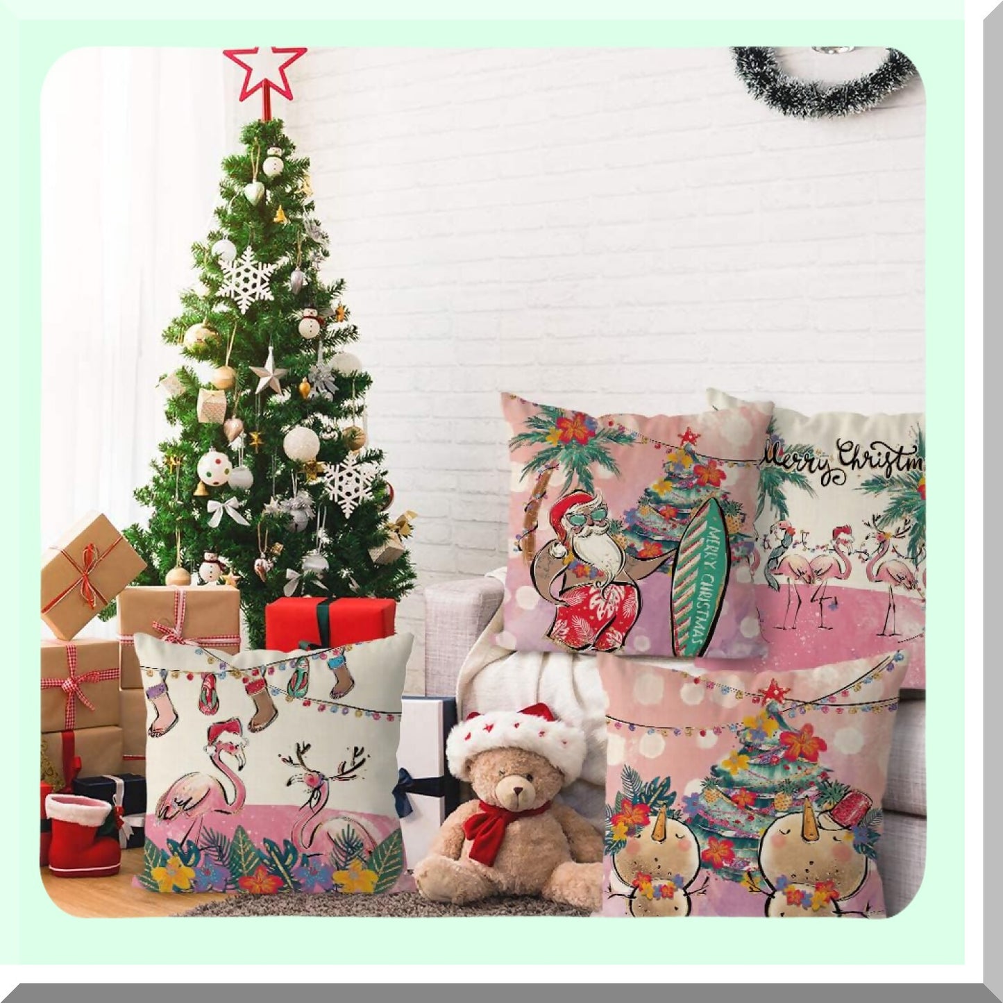 Winter Wonderland Pink Snowman Pillow Covers - Set of 4 18x18 Inch Hawaiian Xmas Throw Pillowcases for Home Decor. Perfect for Living Room, Sofa, Couch.