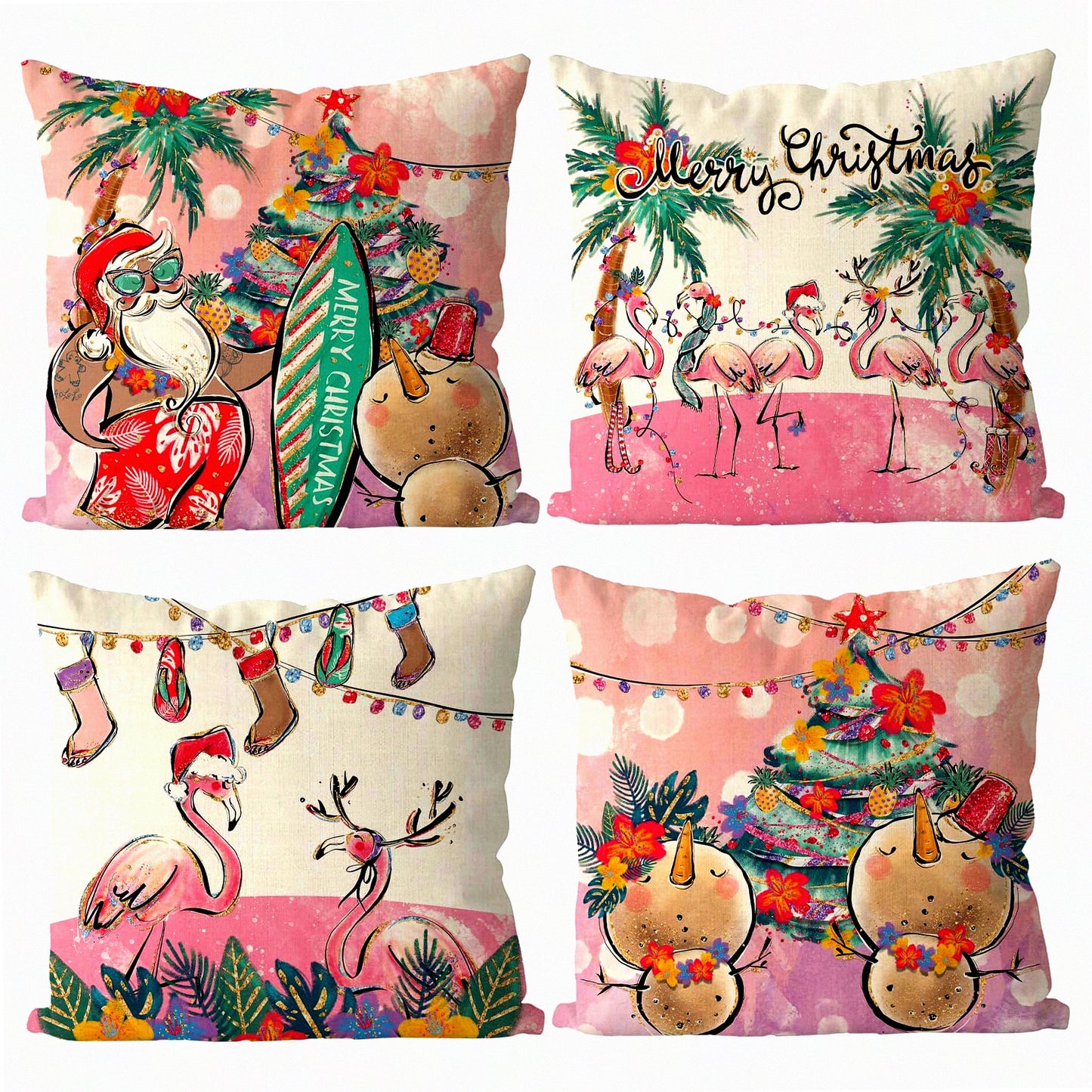 Winter Wonderland Pink Snowman Pillow Covers - Set of 4 18x18 Inch Hawaiian Xmas Throw Pillowcases for Home Decor. Perfect for Living Room, Sofa, Couch.