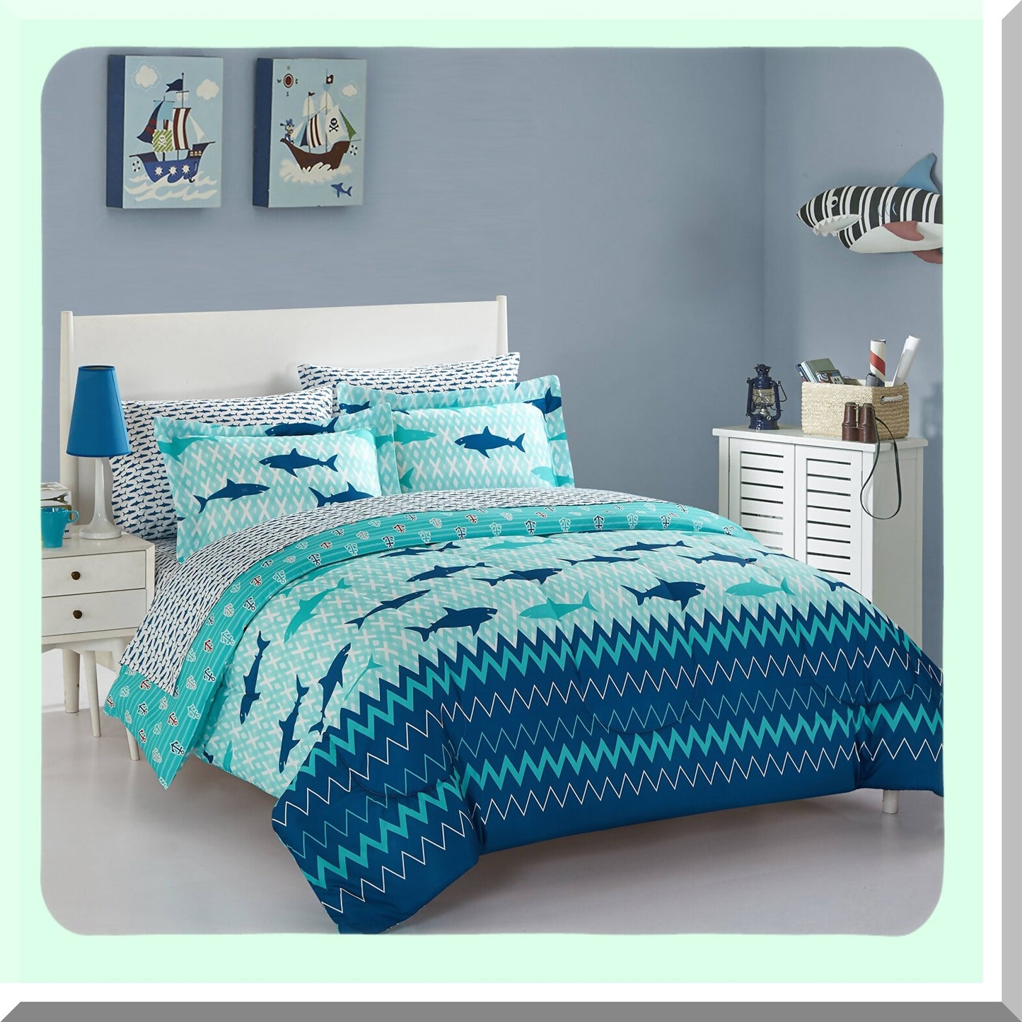 Oceanic Blue Shark Twin Bedding Set