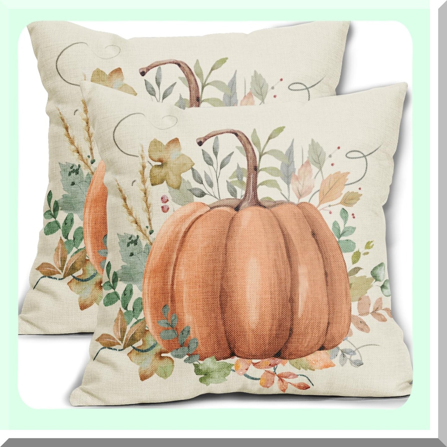 Autumn Harvest Watercolor Pillow Covers - Set of 2 18x18 Decorative Throw Pillows with Orange Pumpkin & Leaves Print for Fall Farmhouse Decor