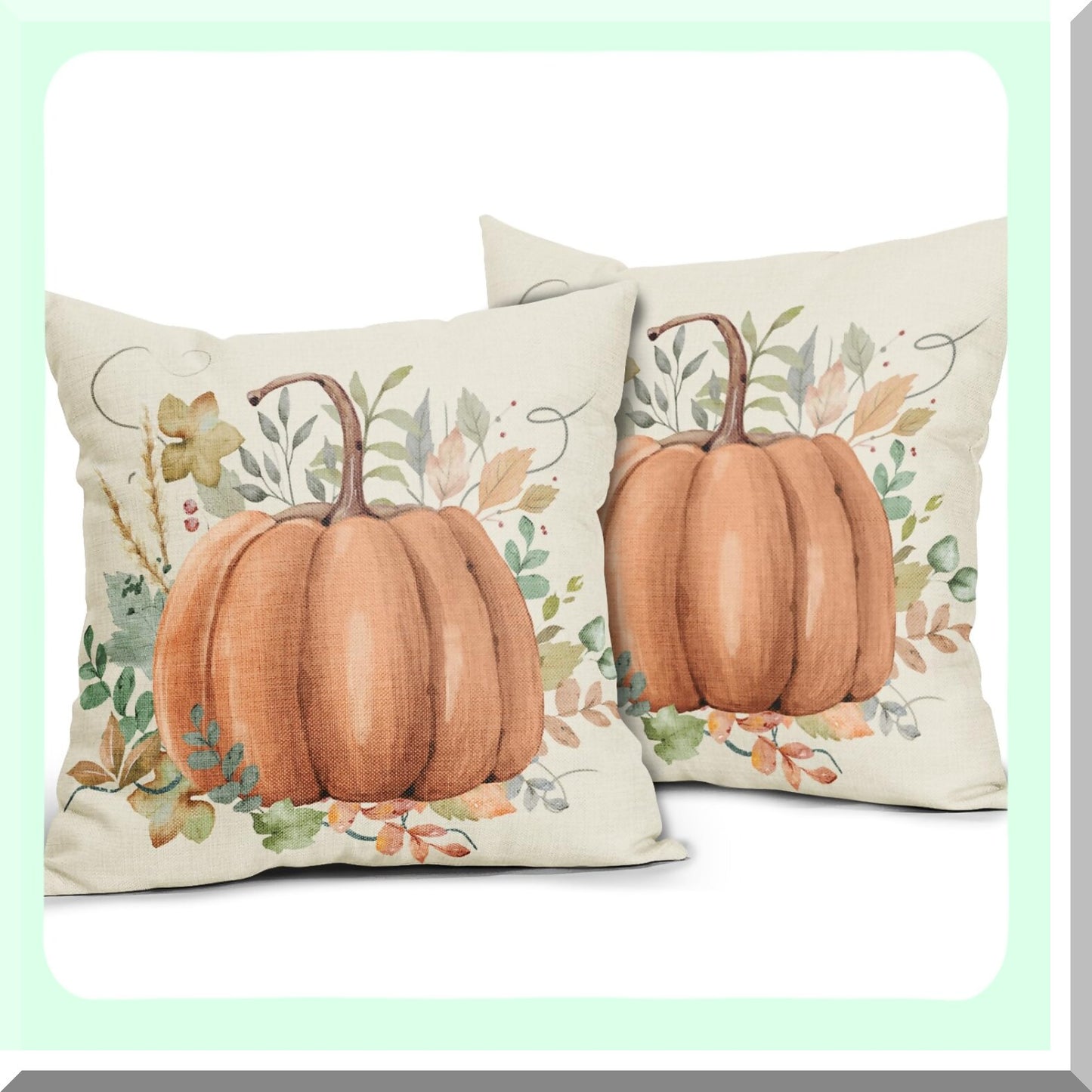 Autumn Harvest Watercolor Pillow Covers - Set of 2 18x18 Decorative Throw Pillows with Orange Pumpkin & Leaves Print for Fall Farmhouse Decor