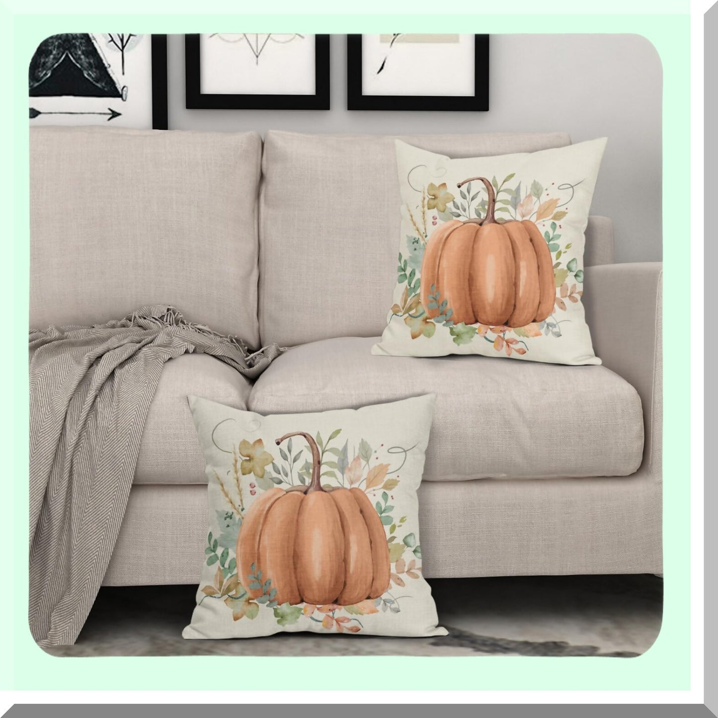 Autumn Harvest Watercolor Pillow Covers - Set of 2 18x18 Decorative Throw Pillows with Orange Pumpkin & Leaves Print for Fall Farmhouse Decor