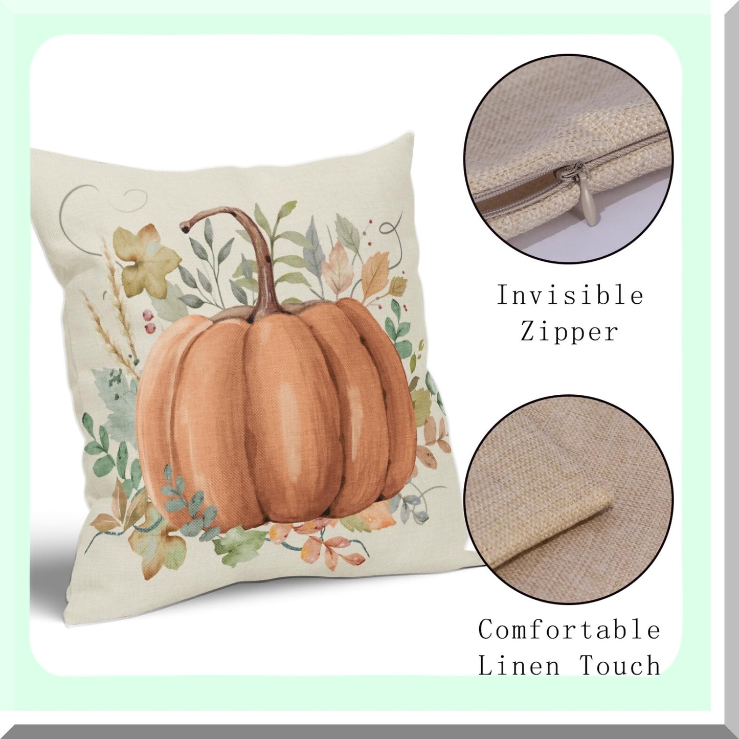 Autumn Harvest Watercolor Pillow Covers - Set of 2 18x18 Decorative Throw Pillows with Orange Pumpkin & Leaves Print for Fall Farmhouse Decor