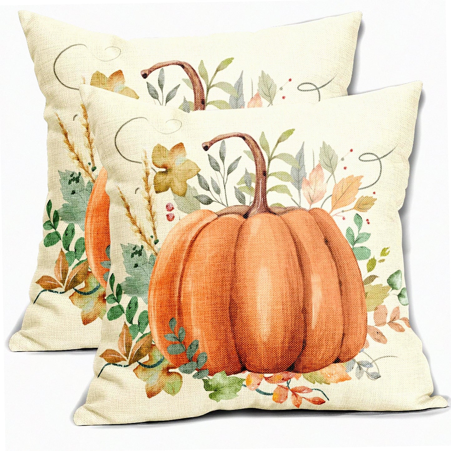 Autumn Harvest Watercolor Pillow Covers - Set of 2 18x18 Decorative Throw Pillows with Orange Pumpkin & Leaves Print for Fall Farmhouse Decor
