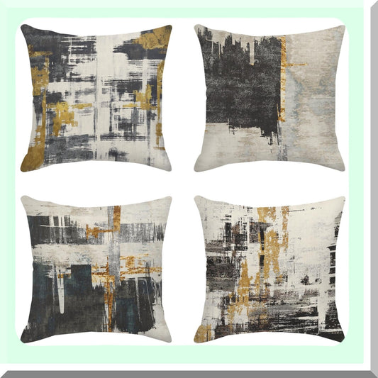 Abstract Gold Black Pillow Cover Set - 4 Pack Decorative 18x18 Inch Outdoor Cushion Sofa Cases - Home Decor Painting Pillowcases