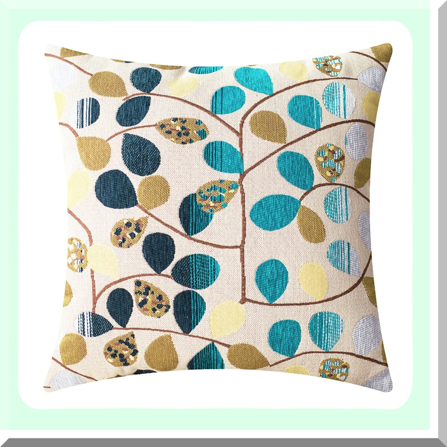 Luxury Chenille Leaf Cushion Cover - 18 X 18 Inches - Home Decor Throw Pillow Case for Couch Sofa - Ecru Teal Gray - Cute Leaves Design
