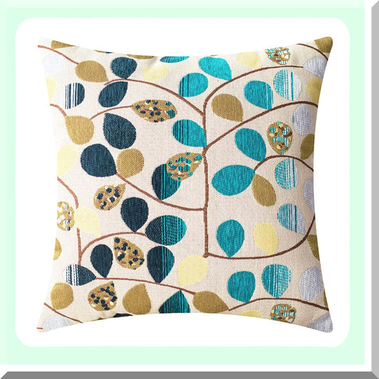 Luxury Chenille Leaf Cushion Cover - 18 X 18 Inches - Home Decor Throw Pillow Case for Couch Sofa - Ecru Teal Gray - Cute Leaves Design