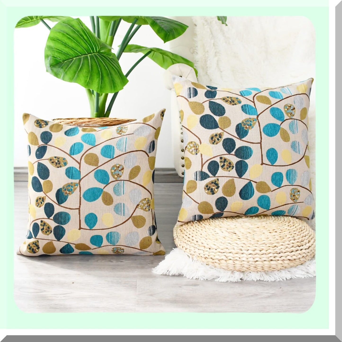 Luxury Chenille Leaf Cushion Cover - 18 X 18 Inches - Home Decor Throw Pillow Case for Couch Sofa - Ecru Teal Gray - Cute Leaves Design