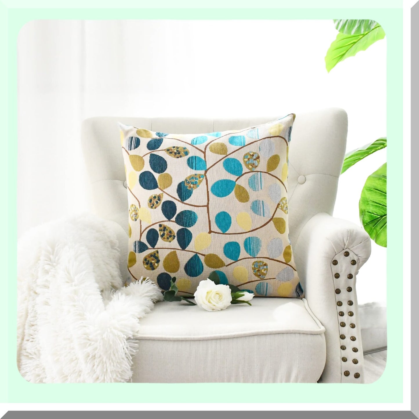 Luxury Chenille Leaf Cushion Cover - 18 X 18 Inches - Home Decor Throw Pillow Case for Couch Sofa - Ecru Teal Gray - Cute Leaves Design
