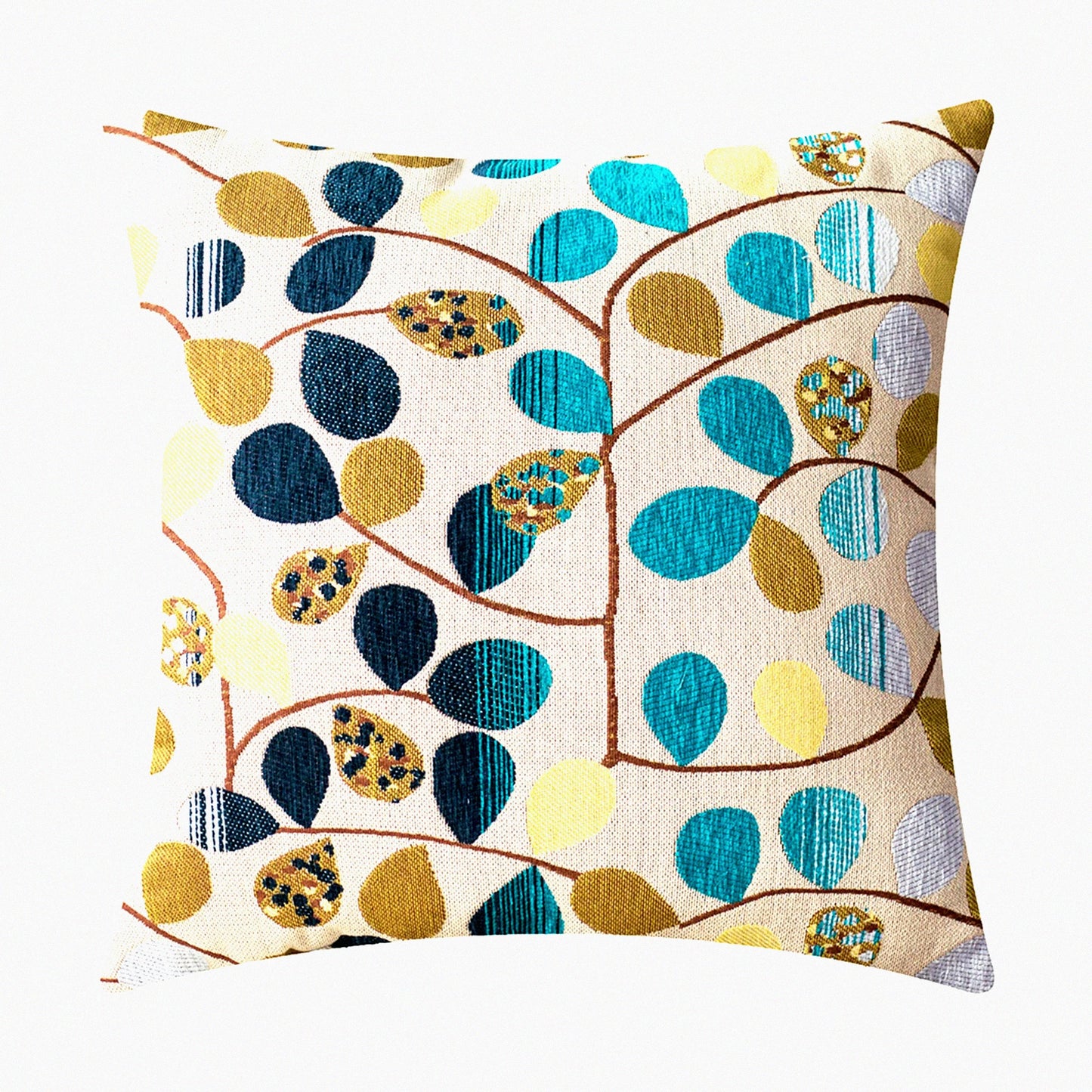 Luxury Chenille Leaf Cushion Cover - 18 X 18 Inches - Home Decor Throw Pillow Case for Couch Sofa - Ecru Teal Gray - Cute Leaves Design