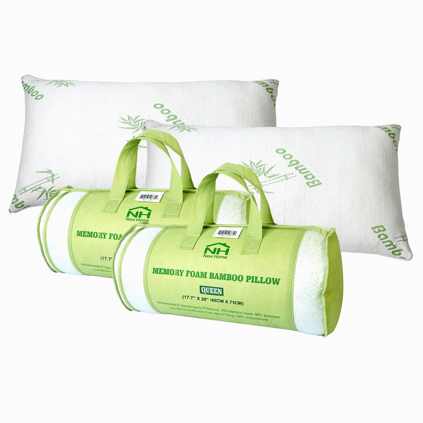 CoolBamboo Memory Foam Pillow - Breathable & Washable Pillowcase, Premium Queen Size Pillows for Back/Stomach/Side Sleepers. Set of 2 Cooling Bed Pillows.