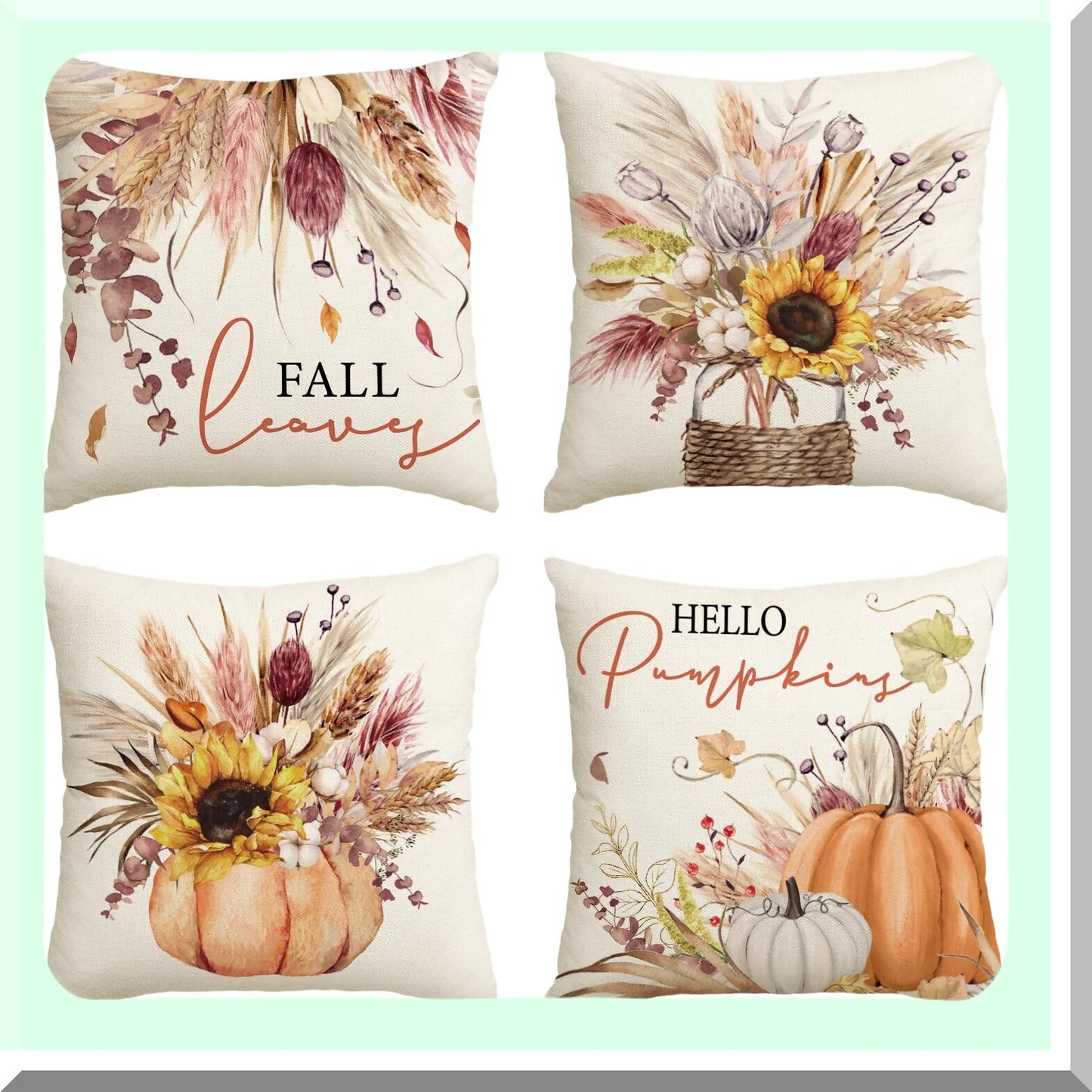 Autumn Harvest Wheat Cotton Pillow Covers - Set of 4, Fall Pumpkin Seasonal Cushion Case for Sofa Couch, Thanksgiving Decor, 18 x 18 Inch