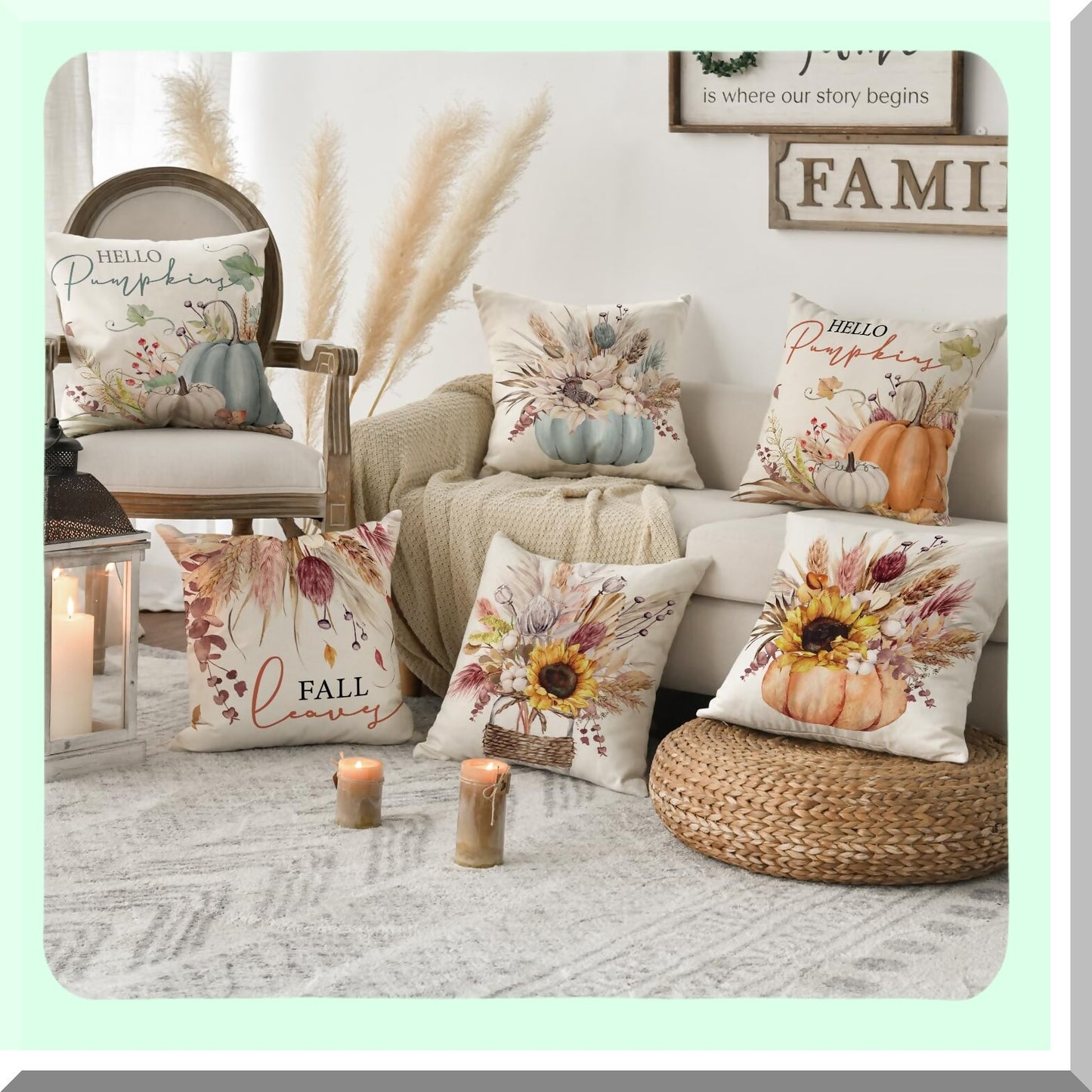 Autumn Harvest Wheat Cotton Pillow Covers - Set of 4, Fall Pumpkin Seasonal Cushion Case for Sofa Couch, Thanksgiving Decor, 18 x 18 Inch