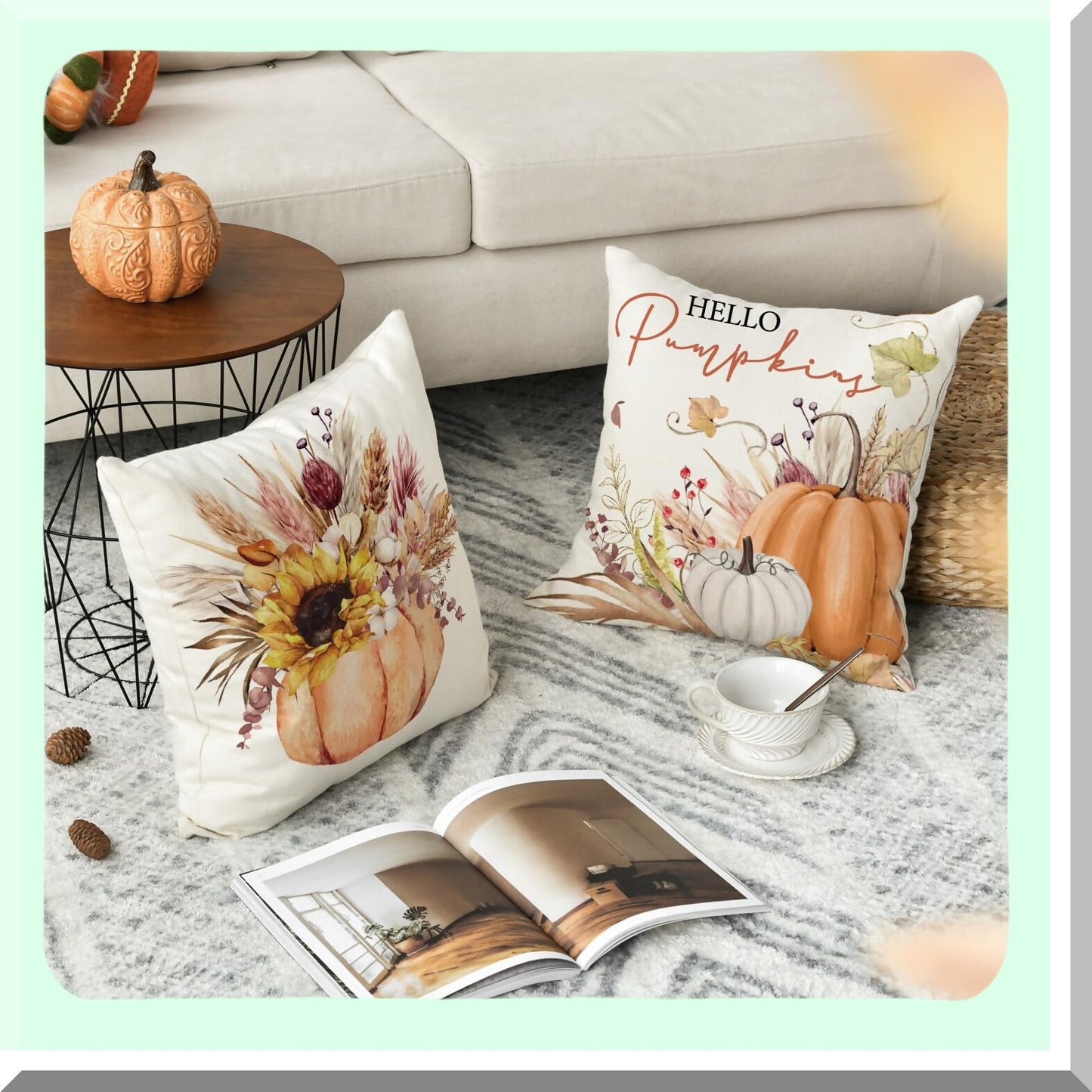 Autumn Harvest Wheat Cotton Pillow Covers - Set of 4, Fall Pumpkin Seasonal Cushion Case for Sofa Couch, Thanksgiving Decor, 18 x 18 Inch
