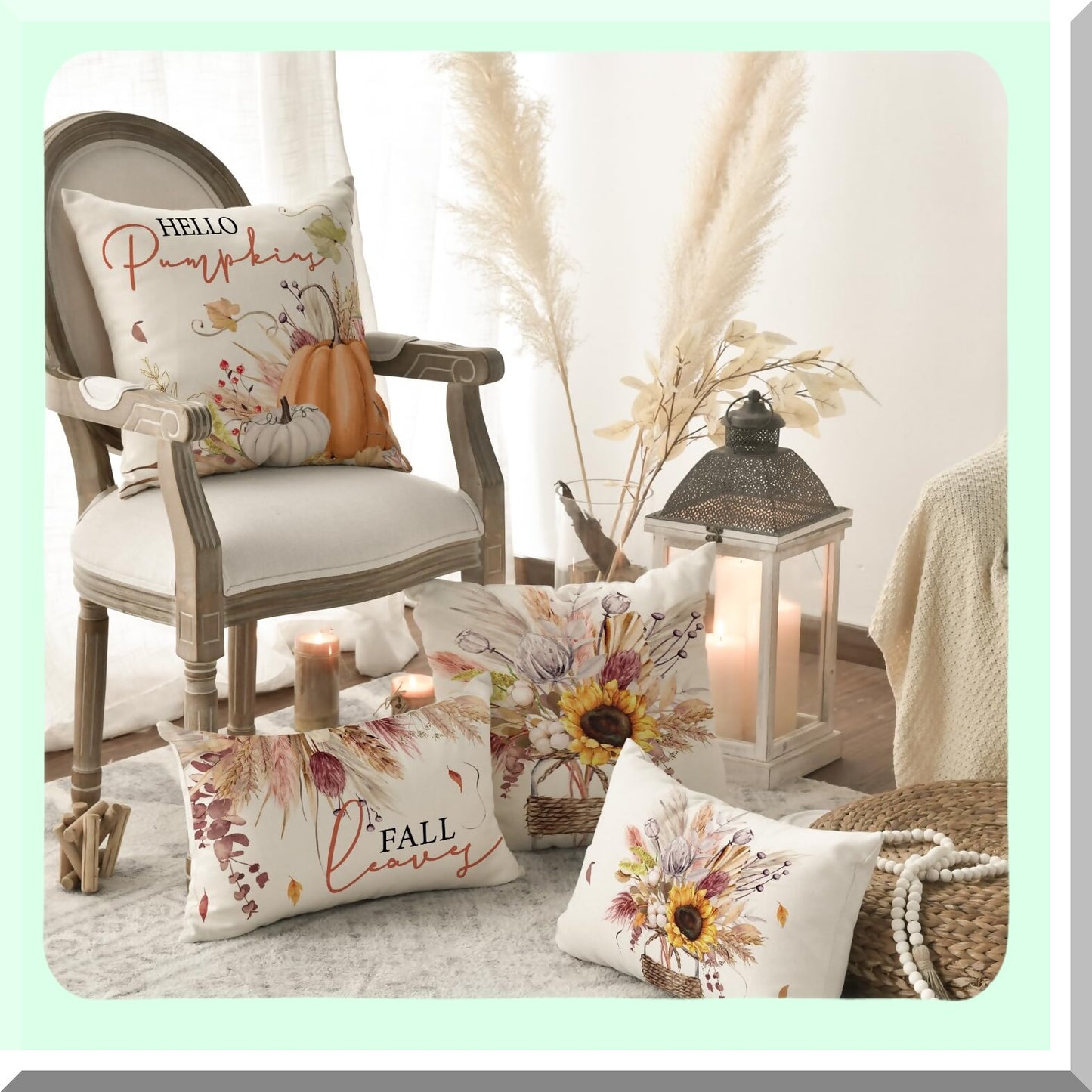 Autumn Harvest Wheat Cotton Pillow Covers - Set of 4, Fall Pumpkin Seasonal Cushion Case for Sofa Couch, Thanksgiving Decor, 18 x 18 Inch