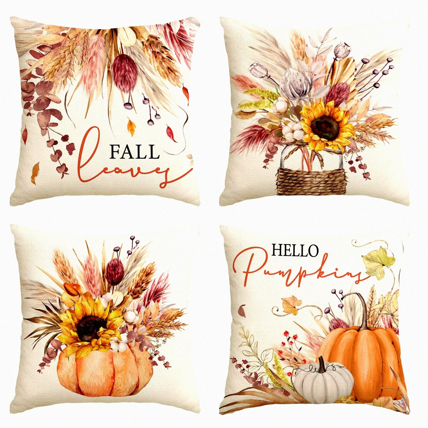 Autumn Harvest Wheat Cotton Pillow Covers - Set of 4, Fall Pumpkin Seasonal Cushion Case for Sofa Couch, Thanksgiving Decor, 18 x 18 Inch