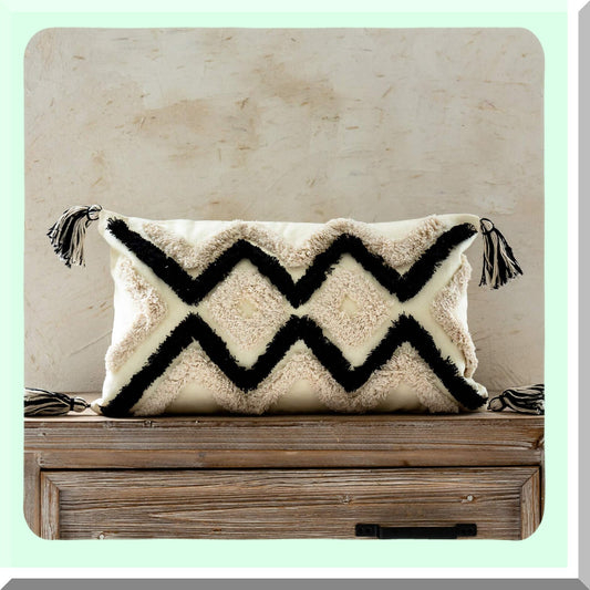 Boho Chic Chevron Lumbar Pillow Cover - Modern Geometric Farmhouse Tribal Cushion for Living Room, Couch, Sofa, Bedroom - 12x20 Inches, Black Ivory