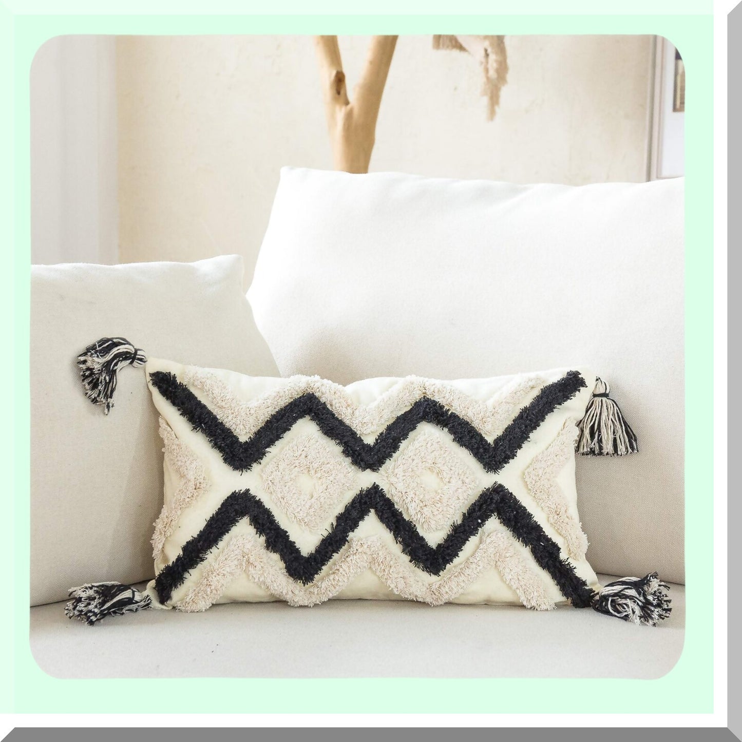 Boho Chic Chevron Lumbar Pillow Cover - Modern Geometric Farmhouse Tribal Cushion for Living Room, Couch, Sofa, Bedroom - 12x20 Inches, Black Ivory