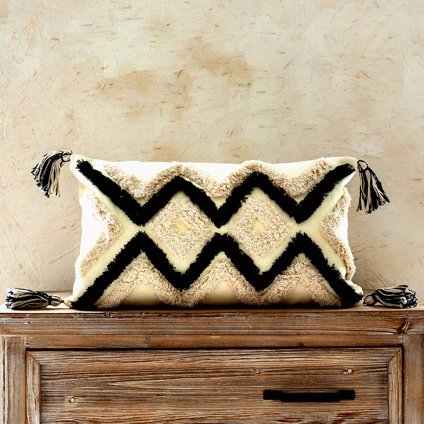 Boho Chic Chevron Lumbar Pillow Cover - Modern Geometric Farmhouse Tribal Cushion for Living Room, Couch, Sofa, Bedroom - 12x20 Inches, Black Ivory