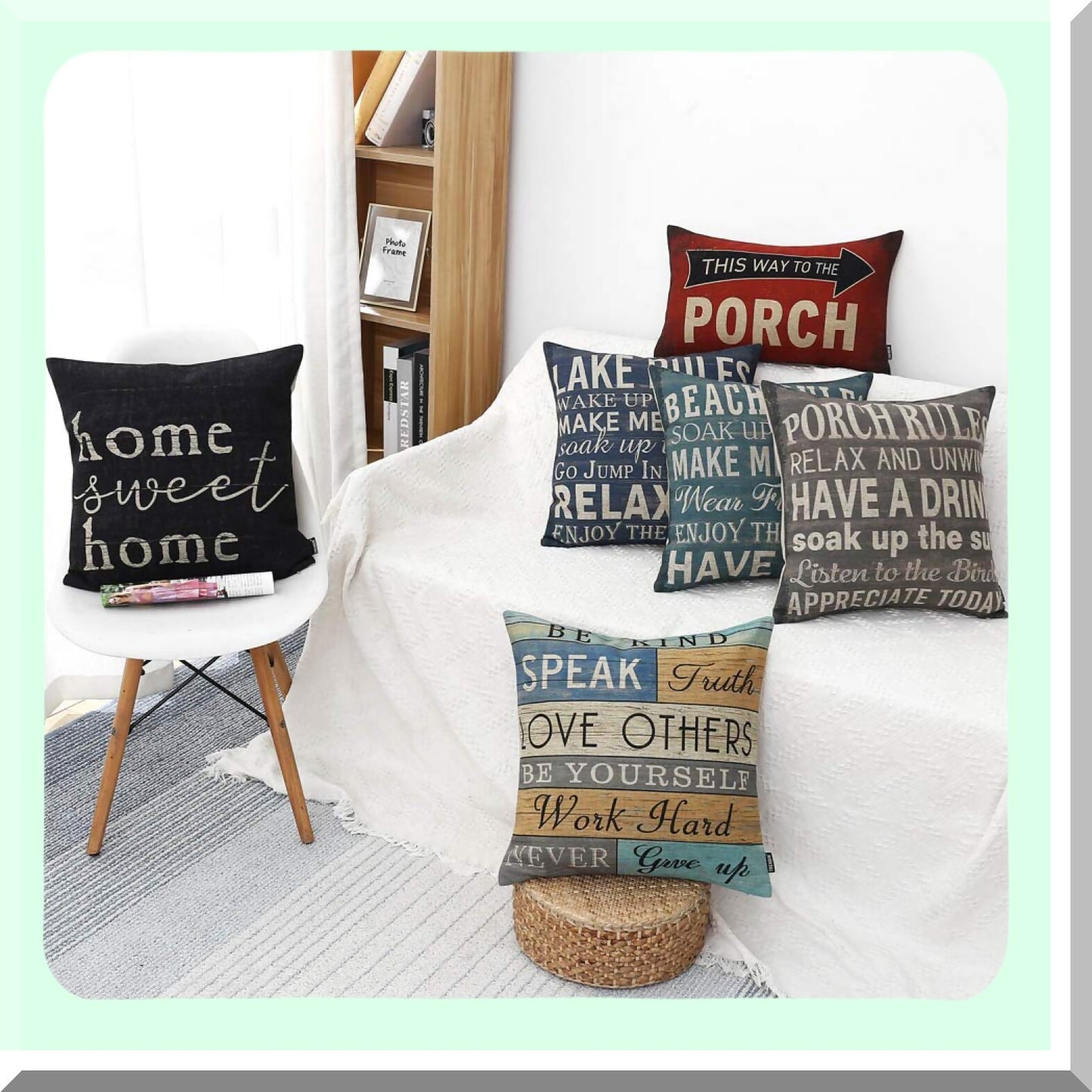 Beach House Rules Pillow Covers - Coastal Decor 18x18 Inch with Inspirational Quotes - Farmhouse Beach Housewarming Gift - PL437TR