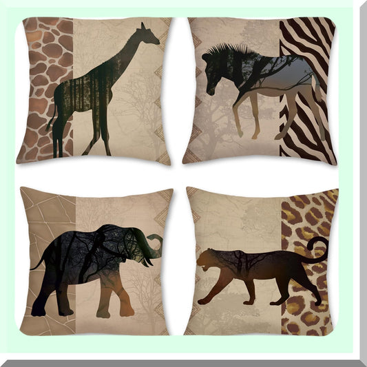 Safari Animal Print Pillow Covers Set - 18x18 Inch Decorative Cushion Cases for Couch, Sofa, Bed - Leopard, Giraffe, Elephant, Horse, Zebra Theme - Polyester Linen Outdoor Home Decor - Pack of 4