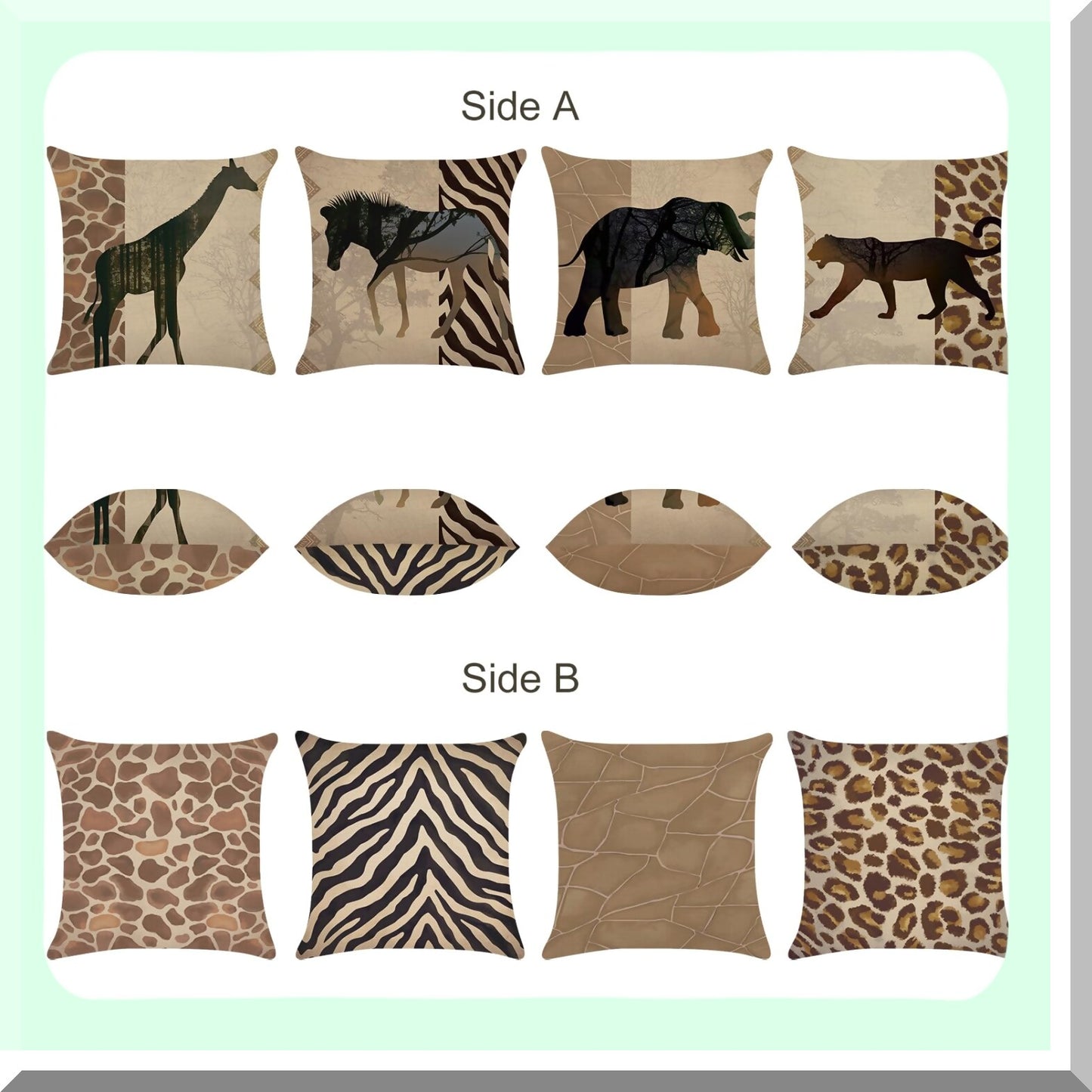 Safari Animal Print Pillow Covers Set - 18x18 Inch Decorative Cushion Cases for Couch, Sofa, Bed - Leopard, Giraffe, Elephant, Horse, Zebra Theme - Polyester Linen Outdoor Home Decor - Pack of 4