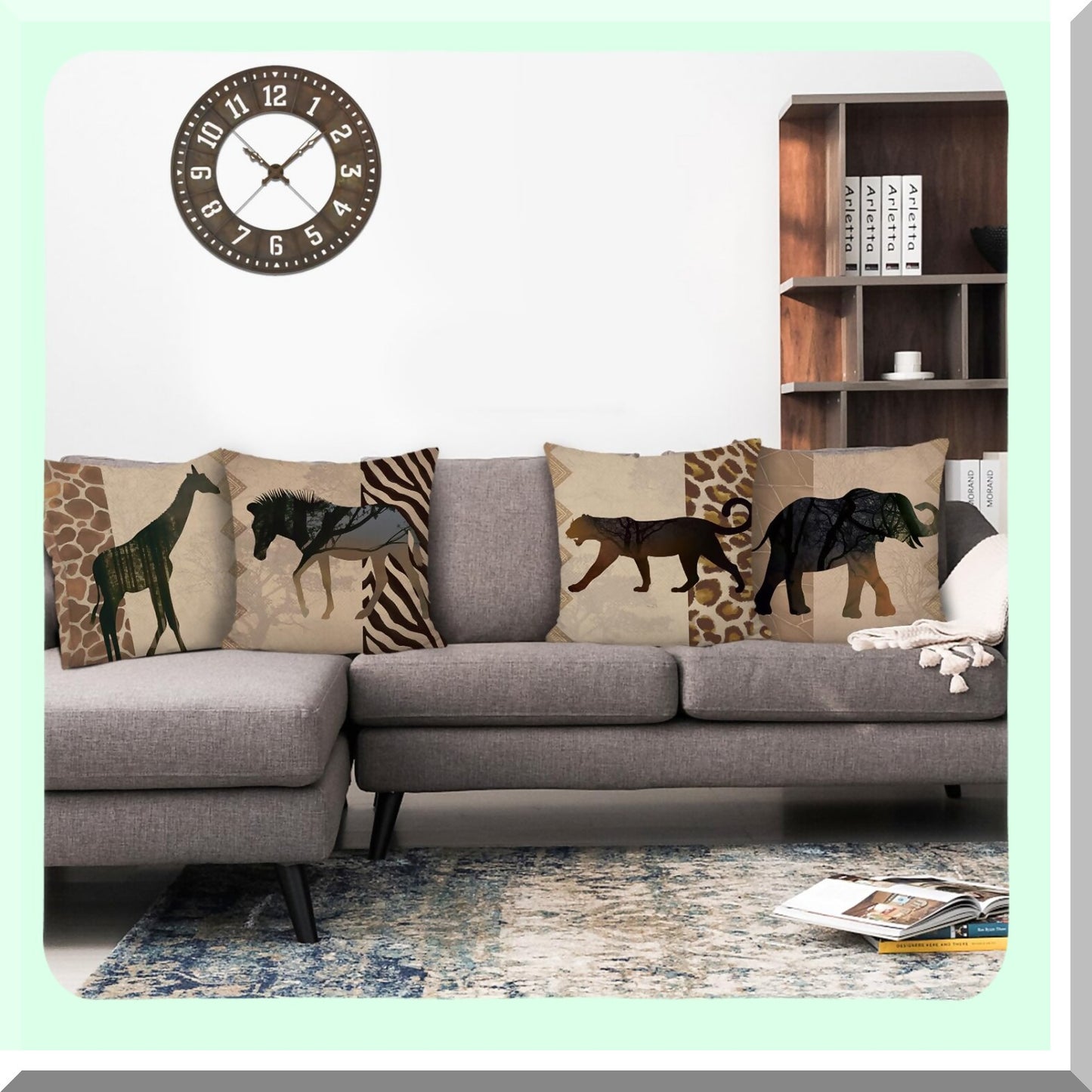 Safari Animal Print Pillow Covers Set - 18x18 Inch Decorative Cushion Cases for Couch, Sofa, Bed - Leopard, Giraffe, Elephant, Horse, Zebra Theme - Polyester Linen Outdoor Home Decor - Pack of 4