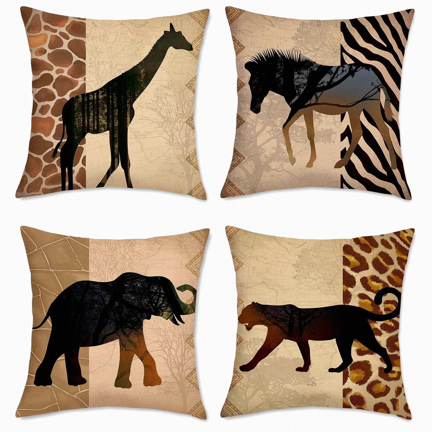 Safari Animal Print Pillow Covers Set - 18x18 Inch Decorative Cushion Cases for Couch, Sofa, Bed - Leopard, Giraffe, Elephant, Horse, Zebra Theme - Polyester Linen Outdoor Home Decor - Pack of 4