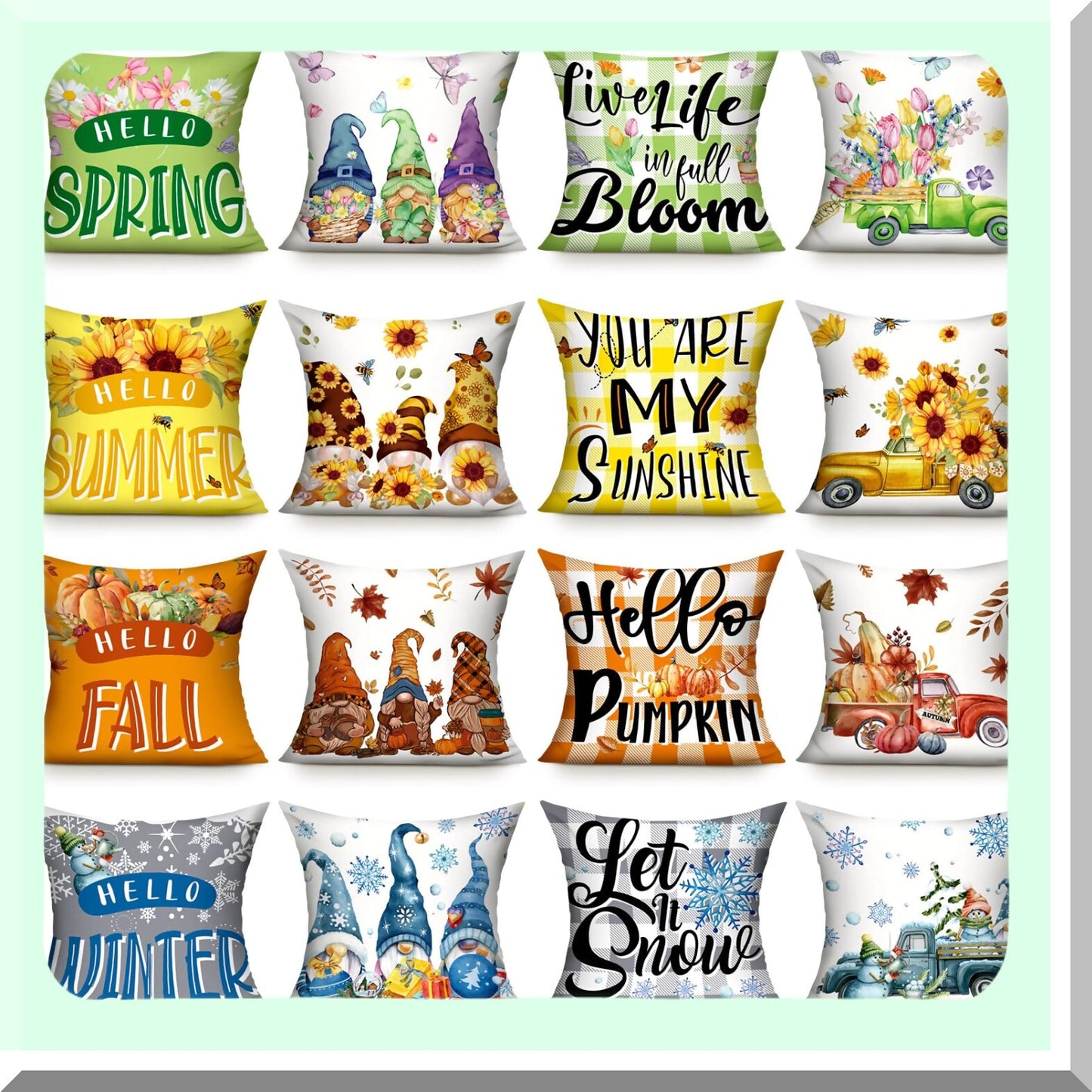 Seasonal Pillow Cover Set - Spring Summer Fall Winter 18x18 Inch Throw Covers with Pumpkin Gnome Sunflower Flowers Plaid Design for Farmhouse Holiday Decor - Couch Cushion Case Collection
