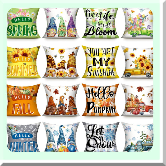 Seasonal Pillow Cover Set - Spring Summer Fall Winter 18x18 Inch Throw Covers with Pumpkin Gnome Sunflower Flowers Plaid Design for Farmhouse Holiday Decor - Couch Cushion Case Collection
