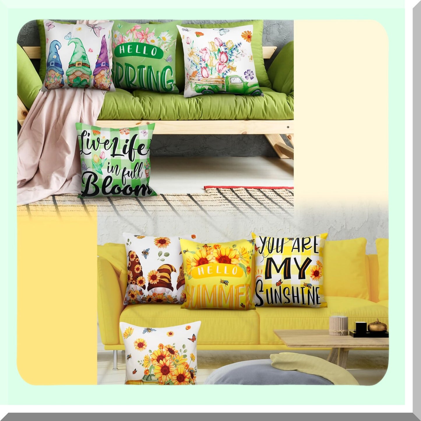 Seasonal Pillow Cover Set - Spring Summer Fall Winter 18x18 Inch Throw Covers with Pumpkin Gnome Sunflower Flowers Plaid Design for Farmhouse Holiday Decor - Couch Cushion Case Collection