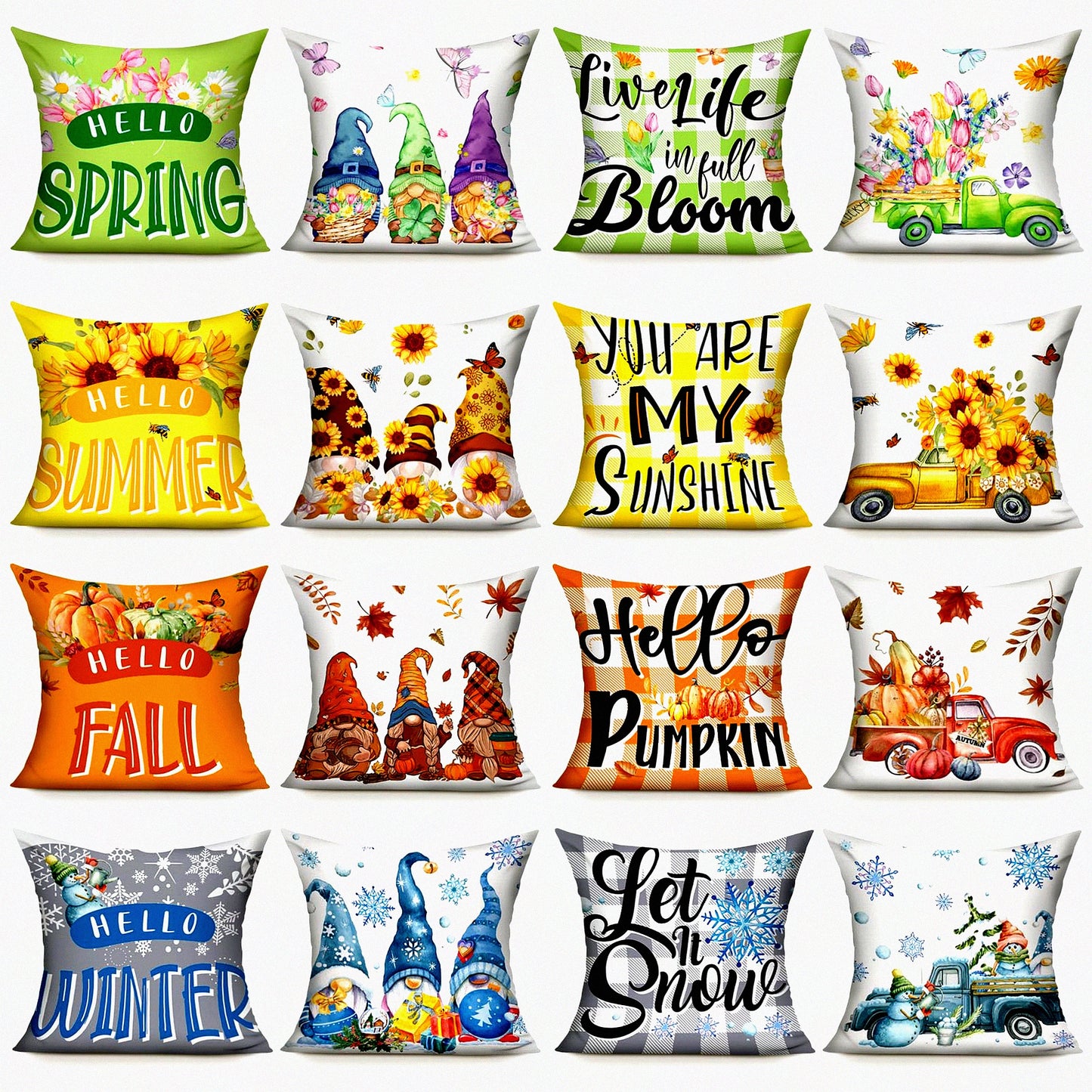 Seasonal Pillow Cover Set - Spring Summer Fall Winter 18x18 Inch Throw Covers with Pumpkin Gnome Sunflower Flowers Plaid Design for Farmhouse Holiday Decor - Couch Cushion Case Collection