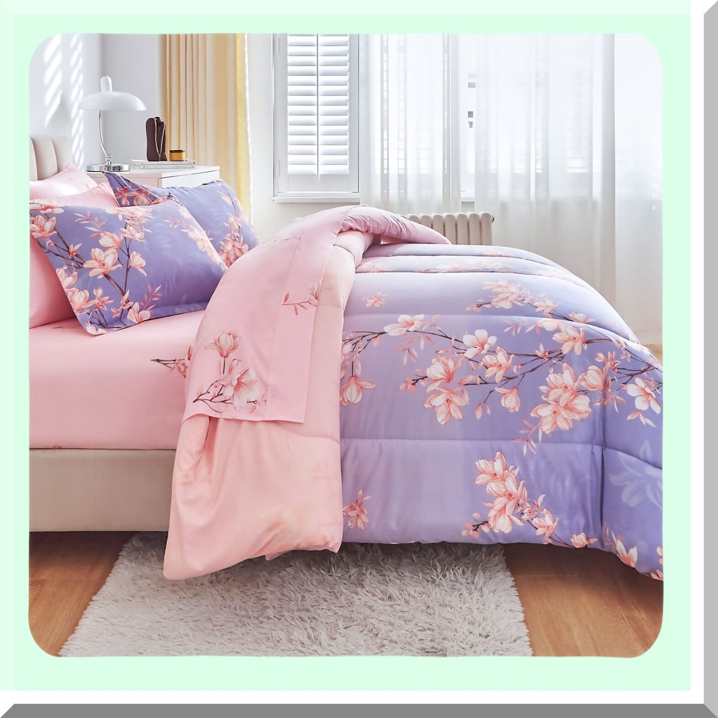 Blossom Stem Queen Comforter Set - 7-Piece Bed in a Bag with Sheets, Branches and Flowers Printing Design. Ultra Soft Down Alternative All Season Bedding Set in Pink and Light Purple.