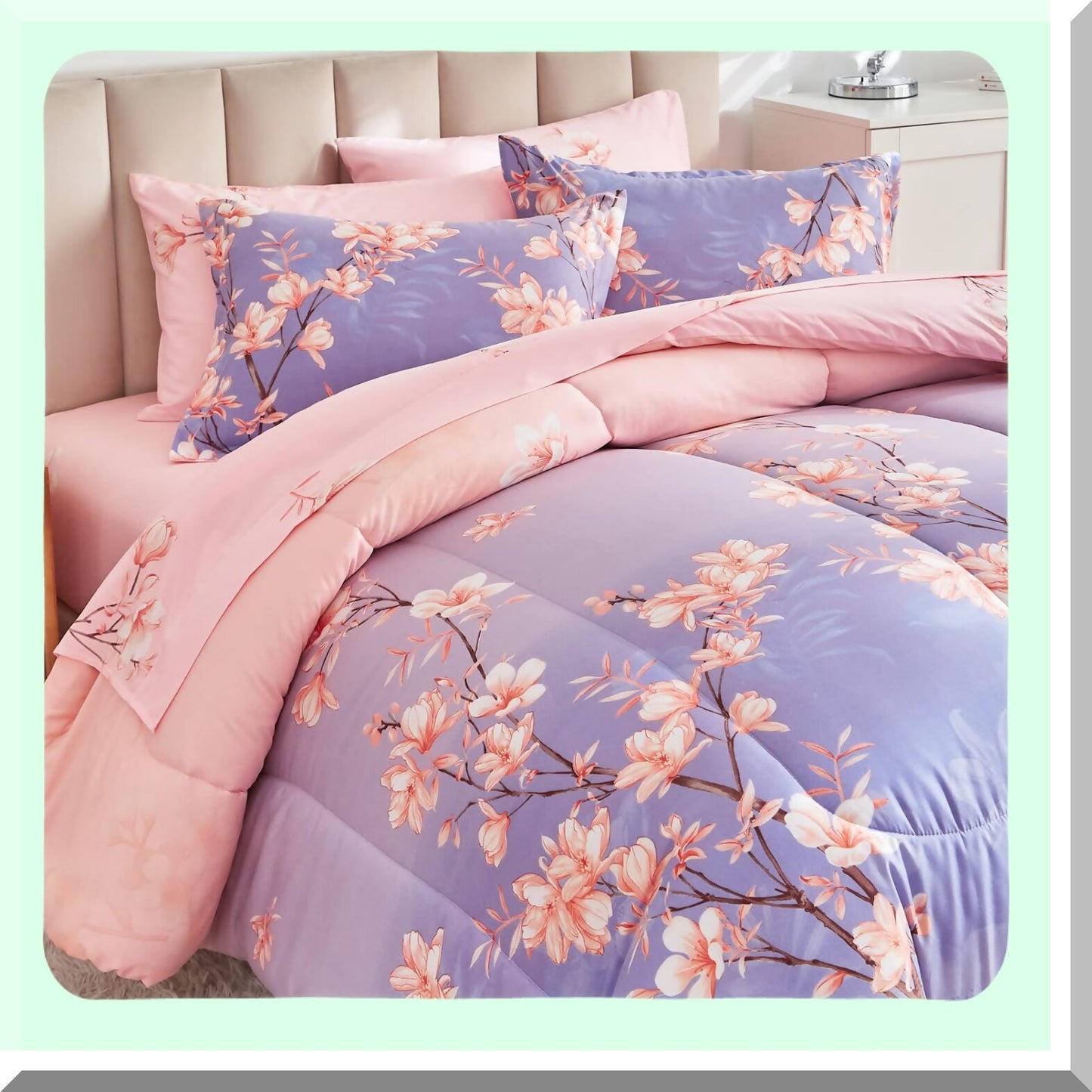 Blossom Stem Queen Comforter Set - 7-Piece Bed in a Bag with Sheets, Branches and Flowers Printing Design. Ultra Soft Down Alternative All Season Bedding Set in Pink and Light Purple.