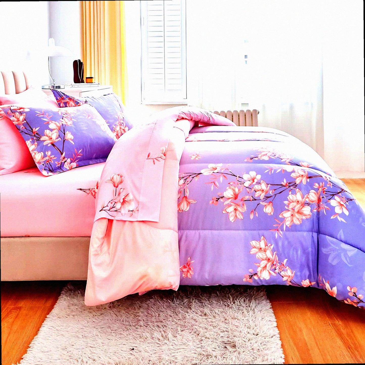 Blossom Stem Queen Comforter Set - 7-Piece Bed in a Bag with Sheets, Branches and Flowers Printing Design. Ultra Soft Down Alternative All Season Bedding Set in Pink and Light Purple.