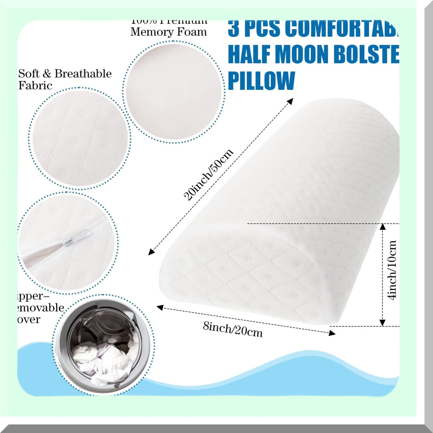 MemoryFoam Comfort Support Pillow - Leg & Back Relief | Semi Roll Body Cushion | Knee Neck Lumbar Bolster | Breathable Cover | 20 x 8 x 4 | Set of 3