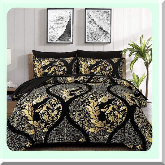 Bohemian Black Gold Damask Comforter Set - 7 Piece Queen Size Bedding Set, Soft Lightweight Microfiber, All Season, 90"x90"