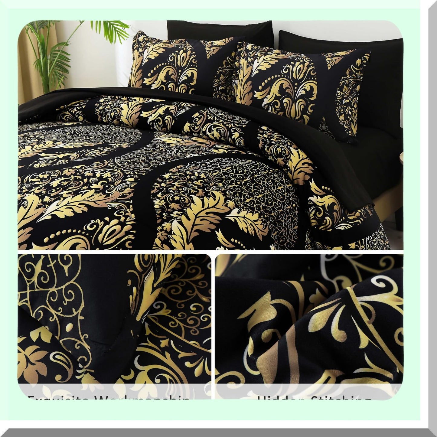 Bohemian Black Gold Damask Comforter Set - 7 Piece Queen Size Bedding Set, Soft Lightweight Microfiber, All Season, 90"x90"