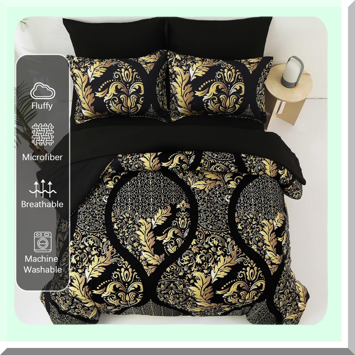 Bohemian Black Gold Damask Comforter Set - 7 Piece Queen Size Bedding Set, Soft Lightweight Microfiber, All Season, 90"x90"