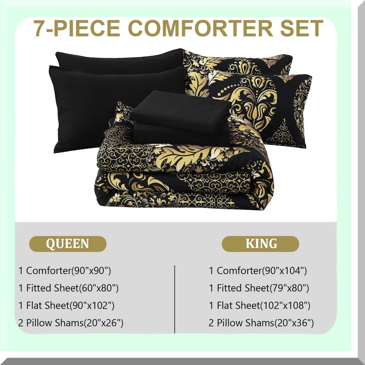 Bohemian Black Gold Damask Comforter Set - 7 Piece Queen Size Bedding Set, Soft Lightweight Microfiber, All Season, 90"x90"