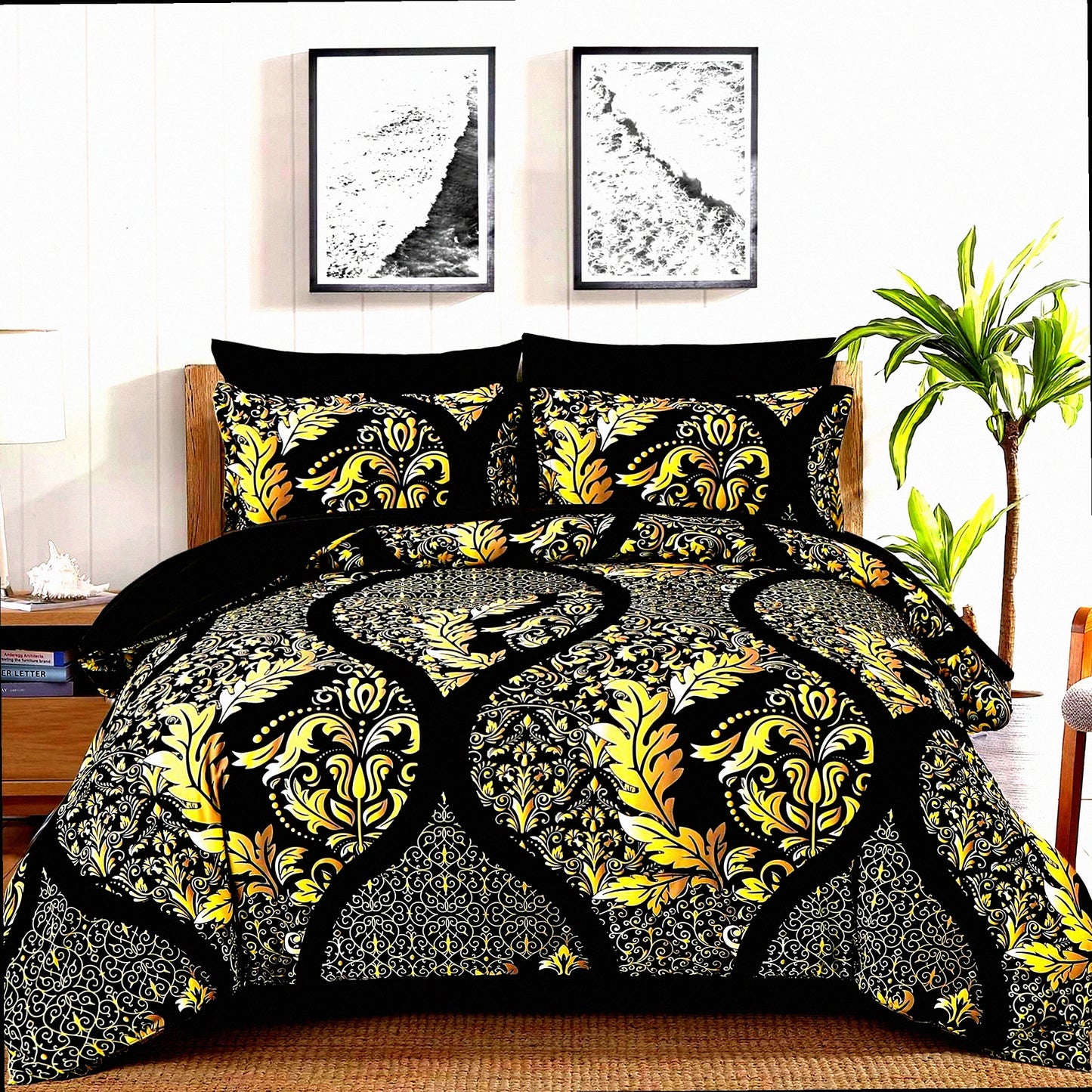 Bohemian Black Gold Damask Comforter Set - 7 Piece Queen Size Bedding Set, Soft Lightweight Microfiber, All Season, 90"x90"